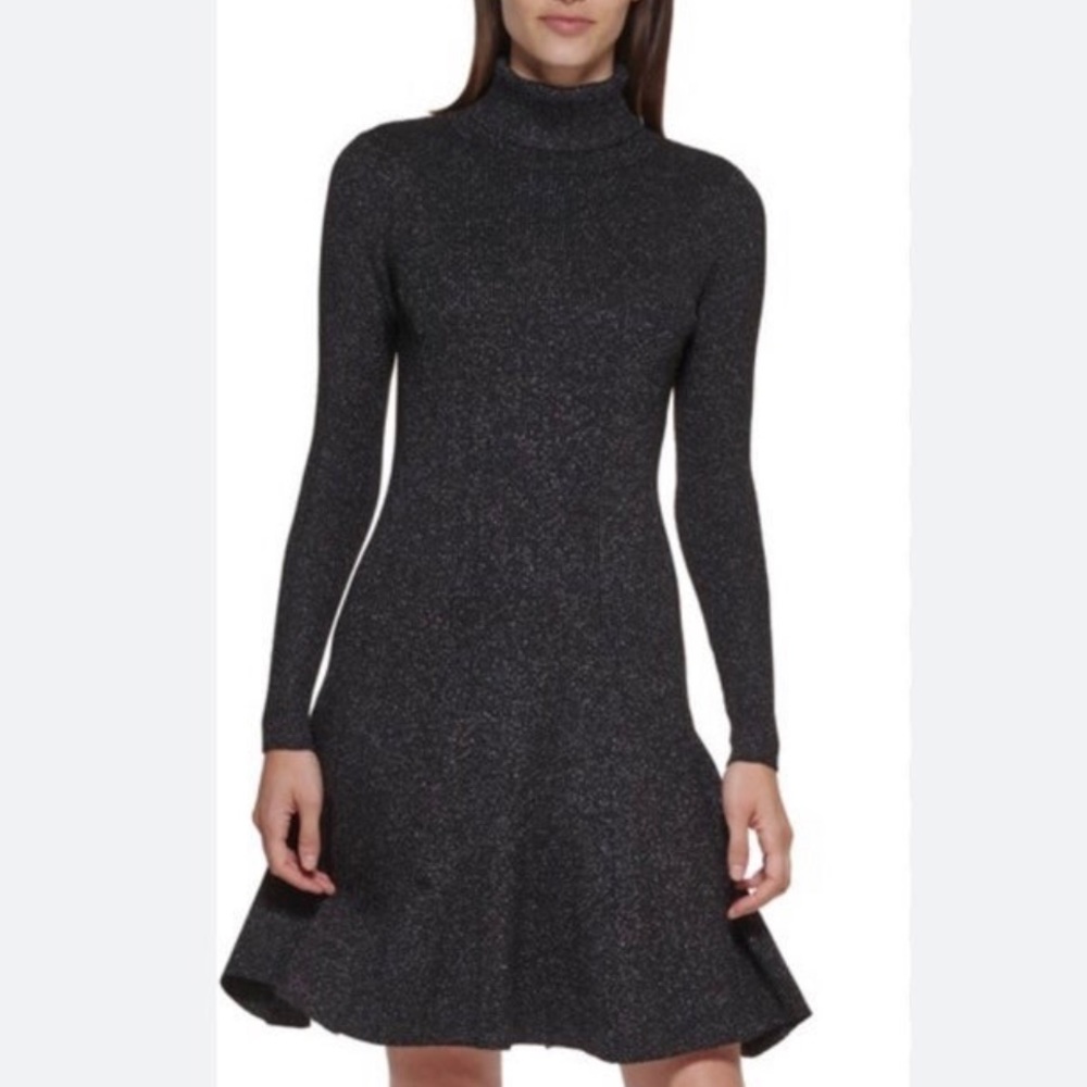 Calvin Klein Turtleneck Sweater Dress Black Silver Metallic | Women's Size XL